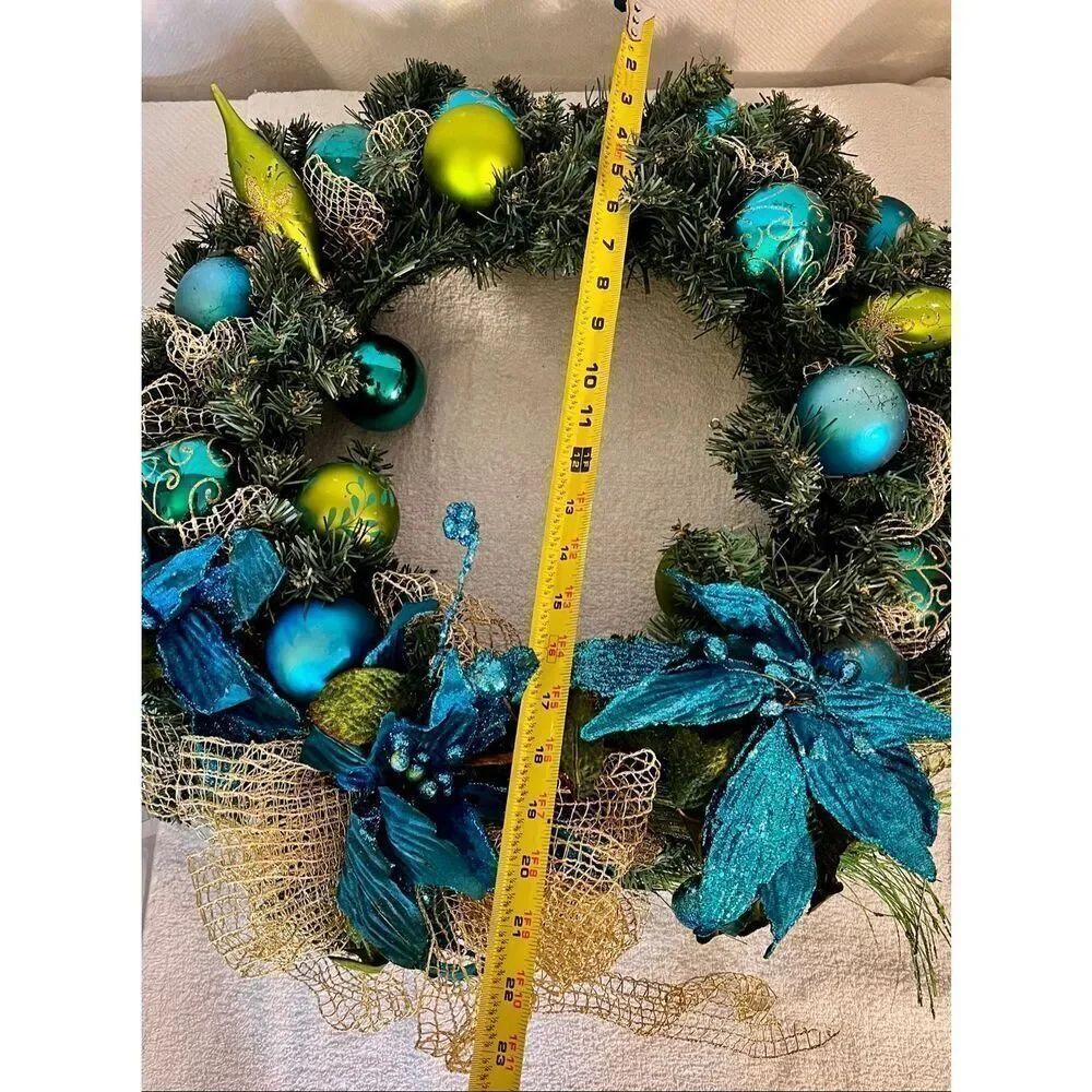 Teal, Lime, Green Bauble Wreath: Azure Poinsettias, Holiday Front Door Decor - Picture 4 of 4